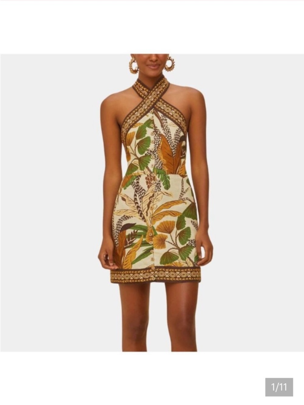 NWT FARM Rio Foliage Sketch Sand Mini Dress in Cream, Green & Brown